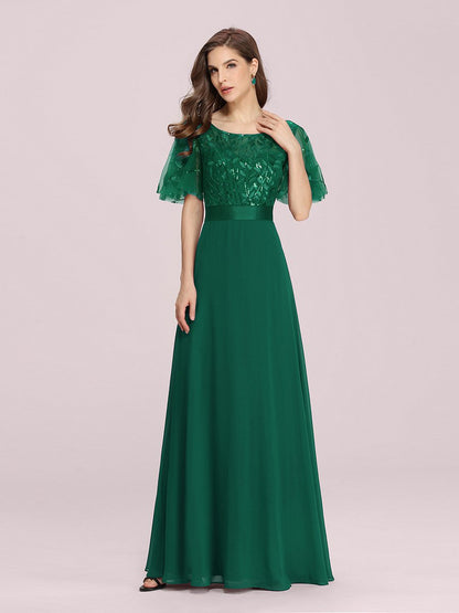 Elegant Ruffle-Sleeve Bridesmaid Gown with Round Neck