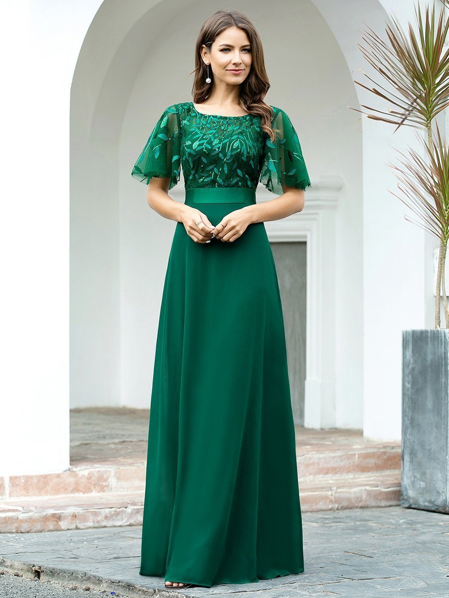 Elegant Ruffle-Sleeve Bridesmaid Gown with Round Neck