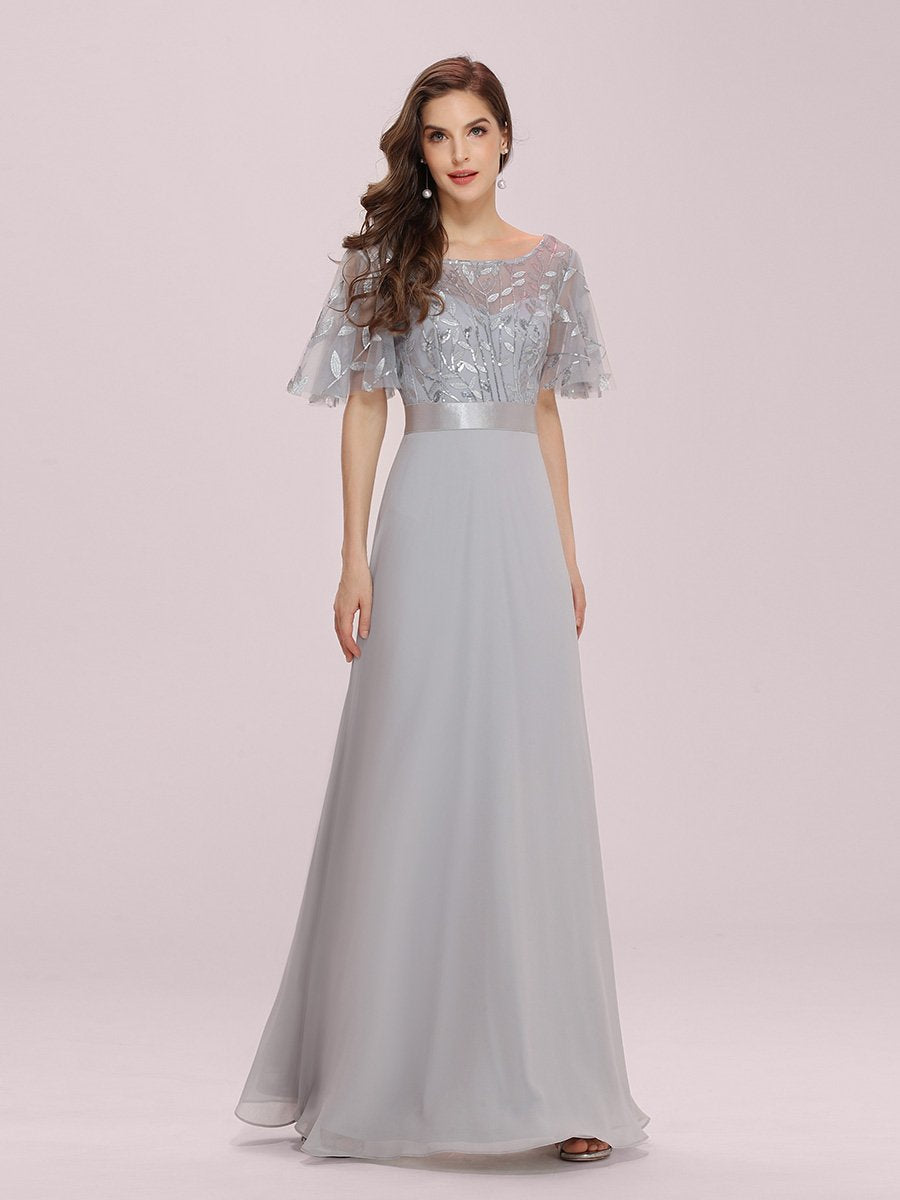 Elegant Ruffle-Sleeve Bridesmaid Gown with Round Neck