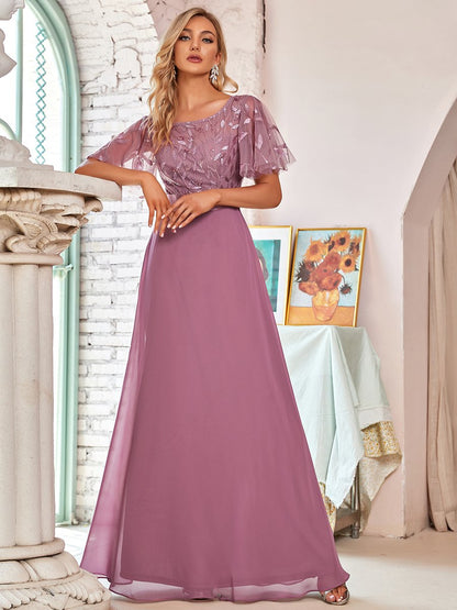 Elegant Ruffle-Sleeve Bridesmaid Gown with Round Neck