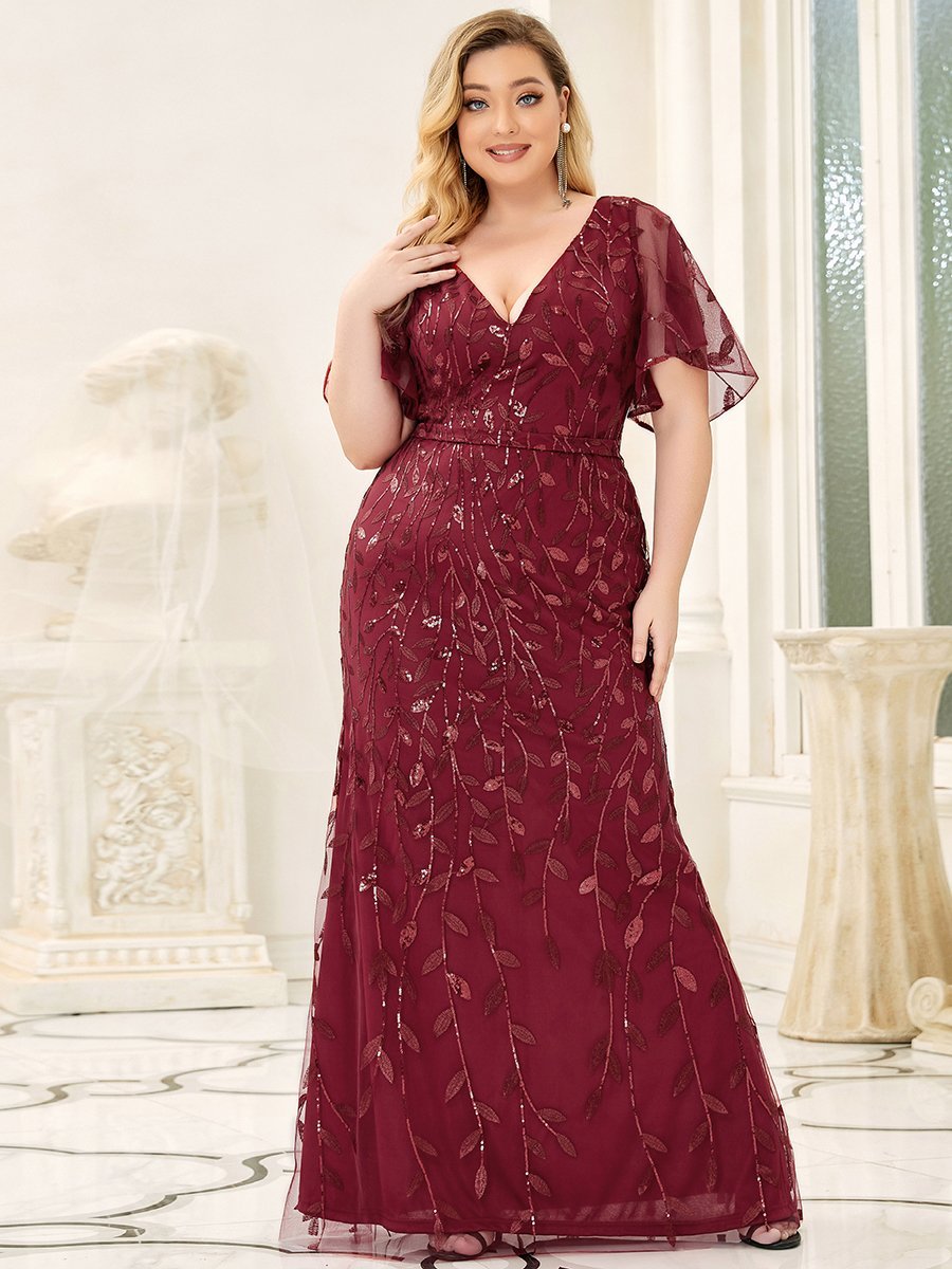 Fashion Plus Size Deep V Neck Wholesale Sequin & Tulle Evening Dress