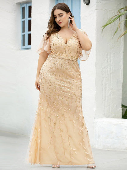 Fashion Plus Size Deep V Neck Wholesale Sequin & Tulle Evening Dress