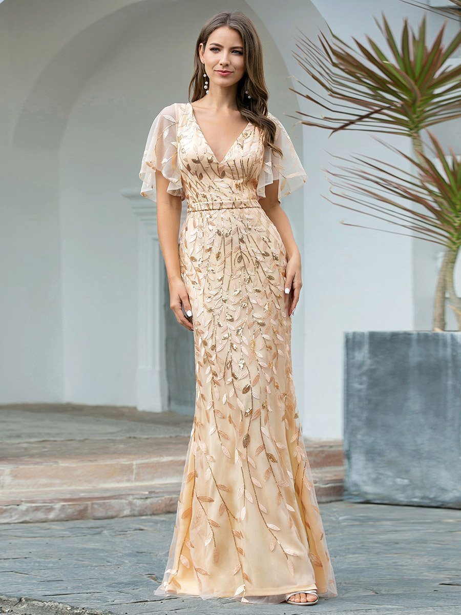 Enchanting Leaf-Sequined Fishtail Formal Party Gown