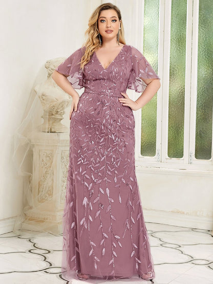 Fashion Plus Size Deep V Neck Wholesale Sequin & Tulle Evening Dress