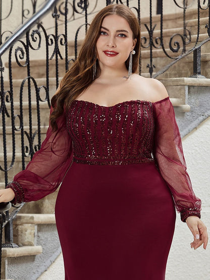 Plus Size Sparkly Sequin Wholesale Evening Party Dresses With Lace Sleeves