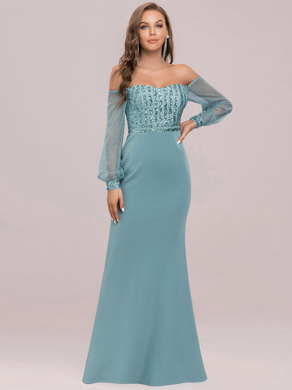 Elegant Paillette Fishtail Dress with Lantern Sleeves