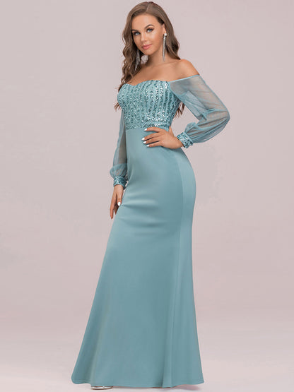 Elegant Paillette Fishtail Dress with Lantern Sleeves