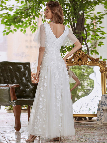 V-Neckline Tulle Sleeves Lace Appliqued Wholesale Wedding Dress