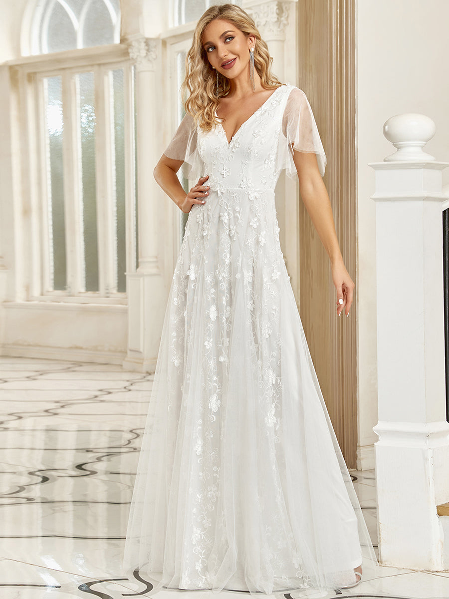 V-Neckline Tulle Sleeves Lace Appliqued Wholesale Wedding Dress