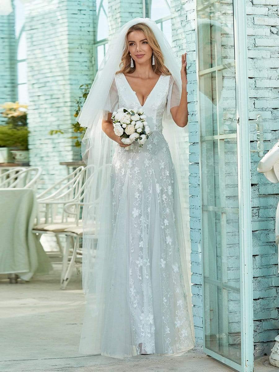 Simple Maxi Floral Lace Wholesale Wedding Dress with Deep V Neck