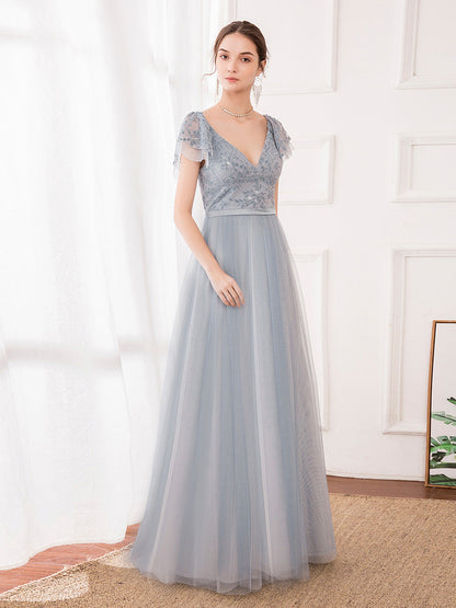 Deep V Neckline Ruffle Sleeve  A-Line Lace Tulle Wholesale Bridesmaid Dresses