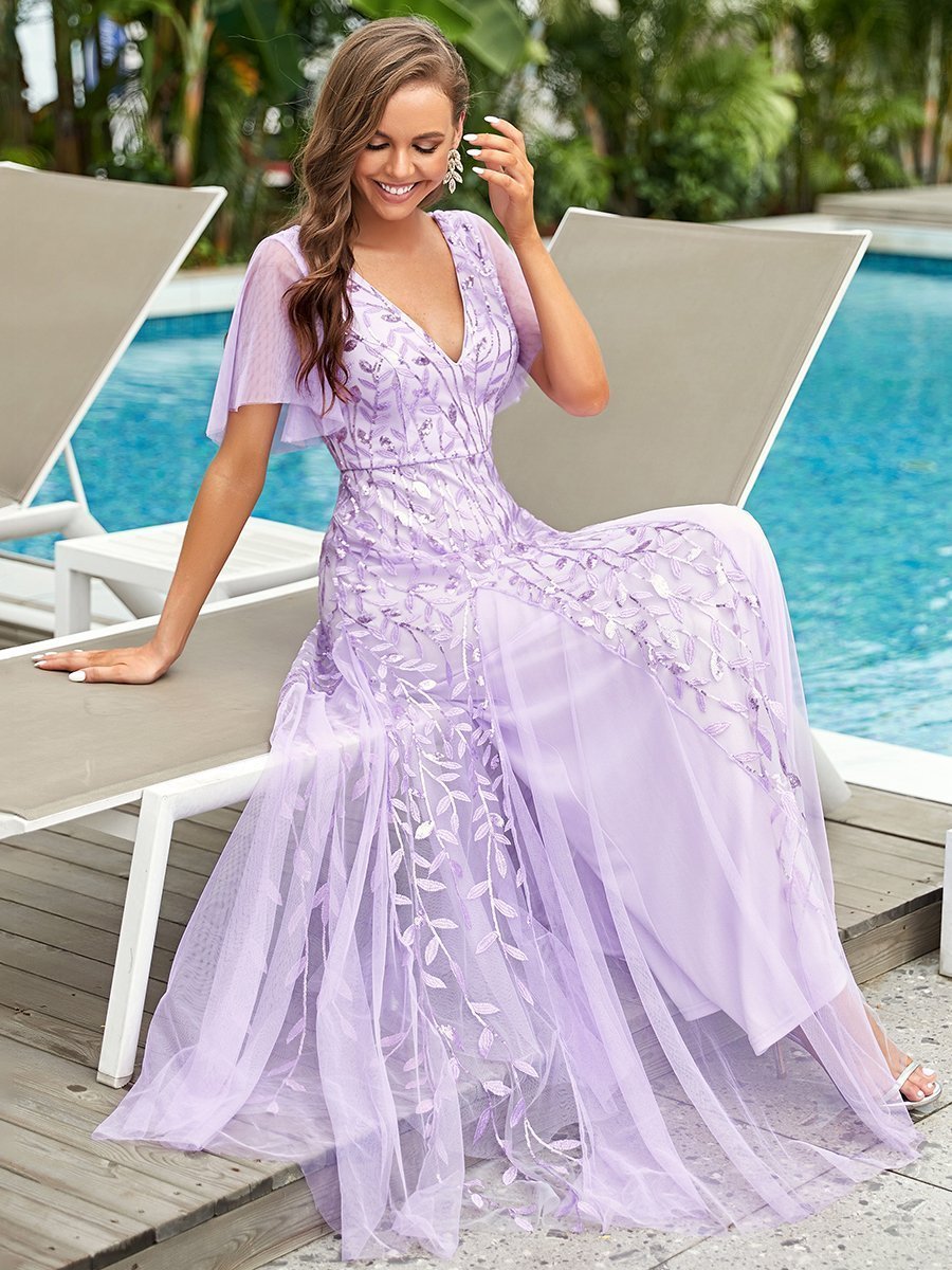 Romantic Shimmery V Neck Ruffle Sleeves Maxi Long Evening Gowns