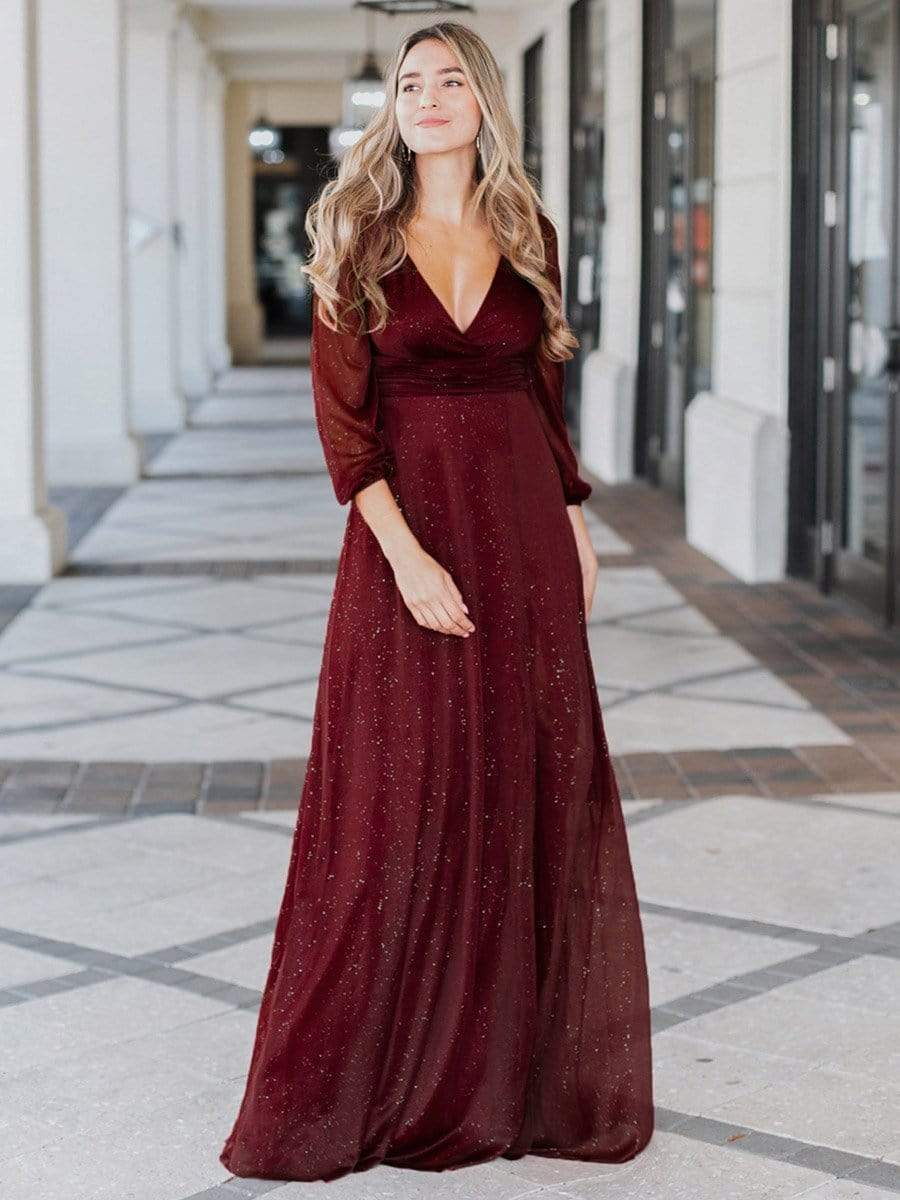 Sexy V-Neck Shiny Wholesale Evening Dresses With Long Sleeve