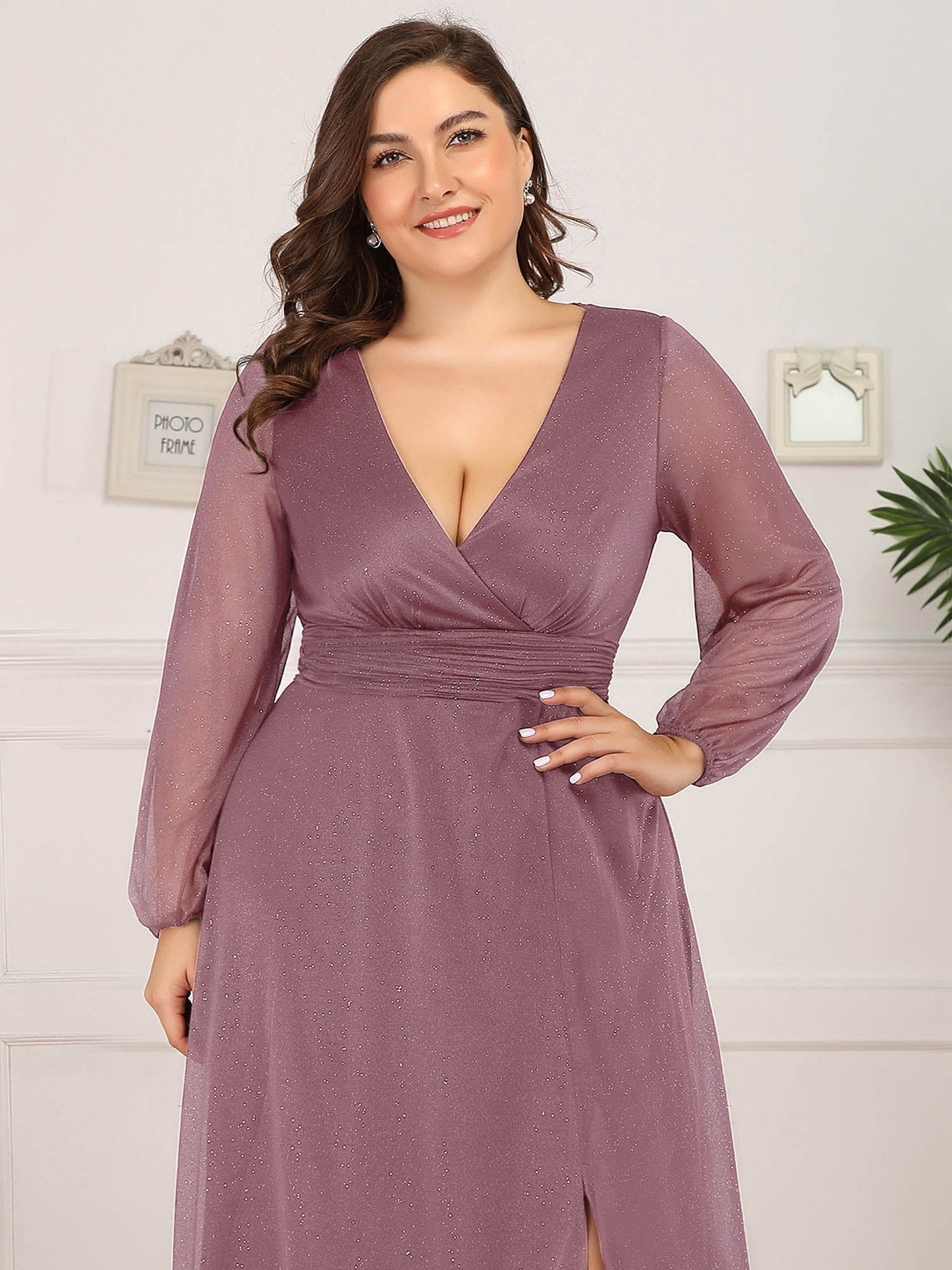 Sexy V-Neck Shiny Wholesale Evening Dresses With Long Sleeve FS