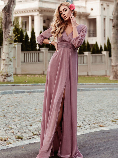 Sexy V-Neck Shiny Wholesale Evening Dresses With Long Sleeve FS