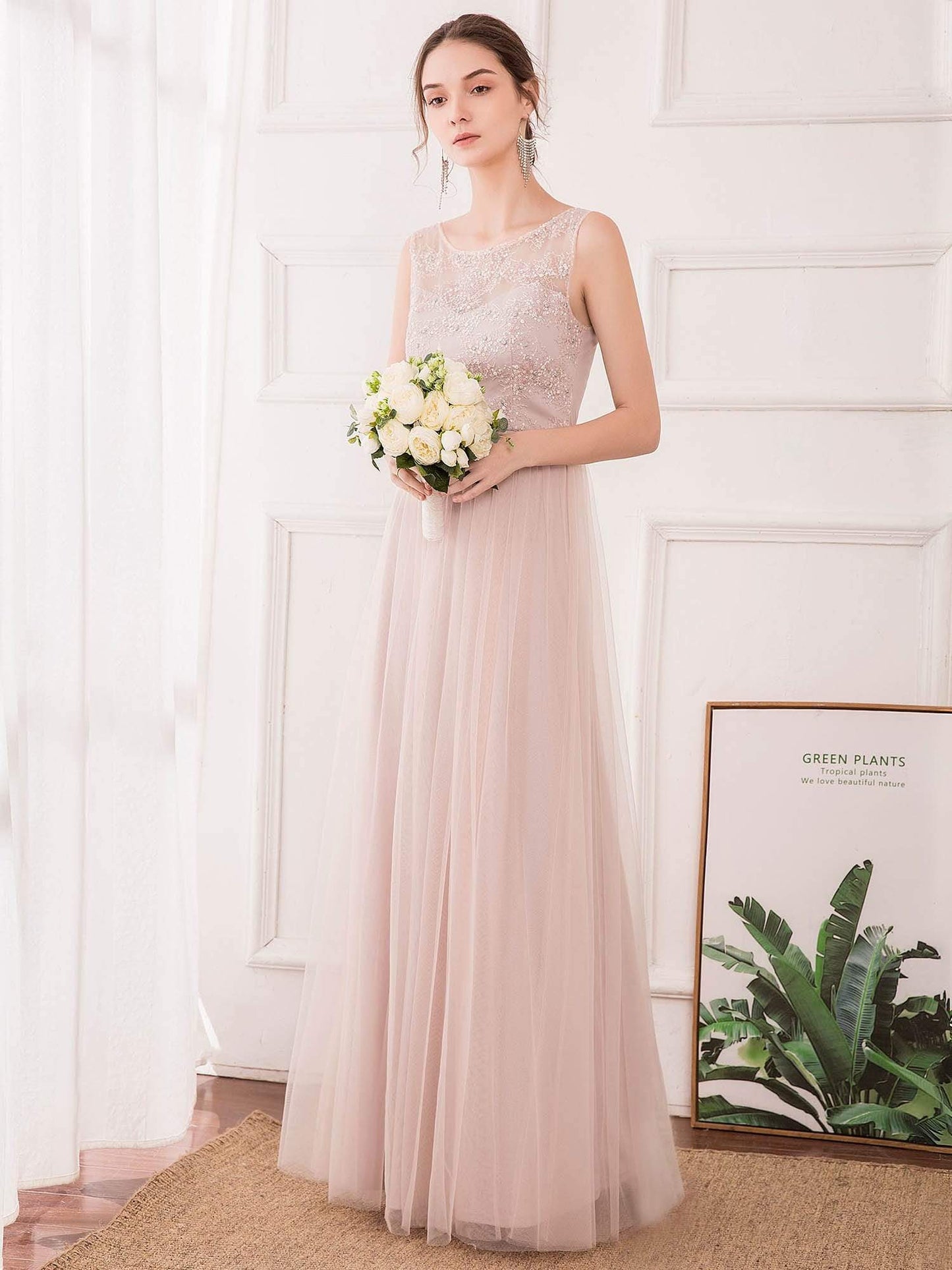 Romantic A-Line O-Neck Embroidery Tulle Bridesmaid Dress EP00740