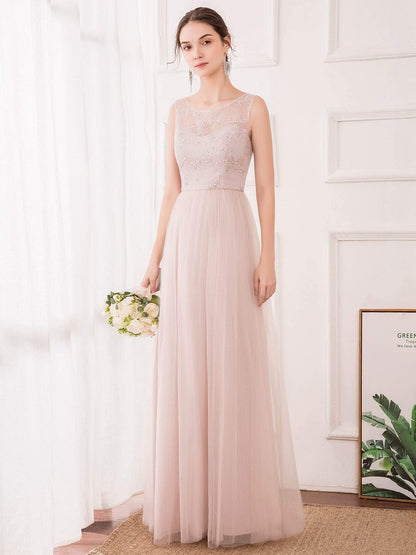 Elegant Embroidered Tulle Bridesmaid Gown with A-Line Silhouette