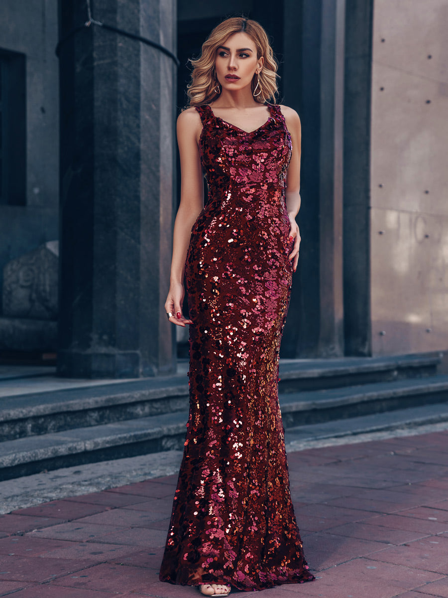 Sexy Deep V Neck Mermaid Evening Dress with Sequin
