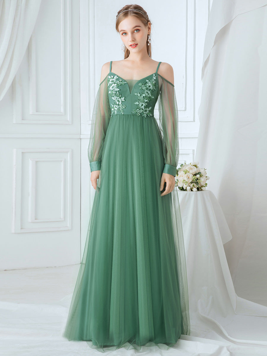 Spaghetti Straps Tulle Wholesale Bridesmaid Dresses with Applique Sheer Sleeves