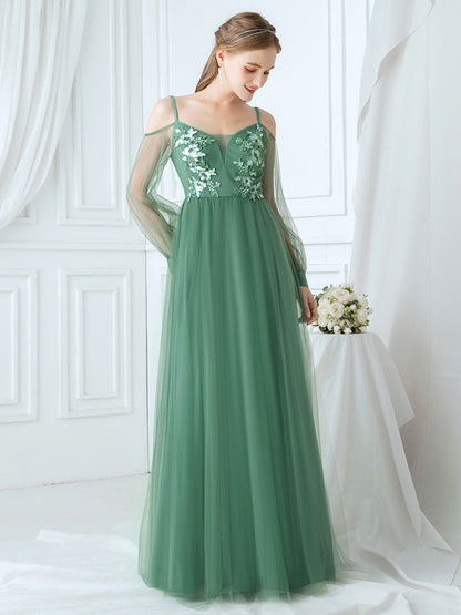 Spaghetti Straps Tulle Wholesale Bridesmaid Dresses with Applique Sheer Sleeves