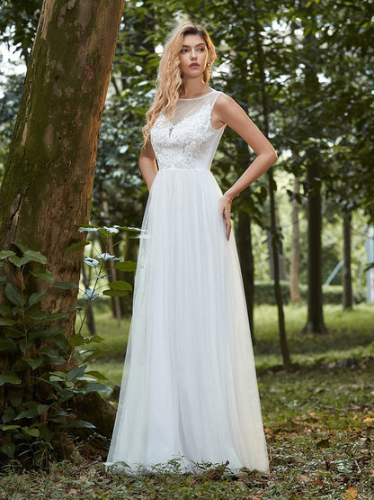 Elegant See Through Round Neck Tulle Applique Wholesale Bridesmaid Dress
