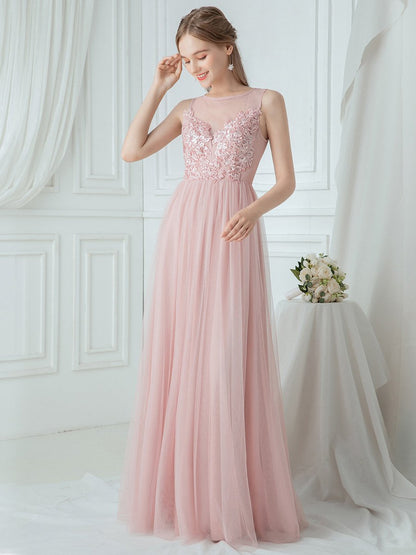 Elegant See Through Round Neck Tulle Applique Wholesale Bridesmaid Dress