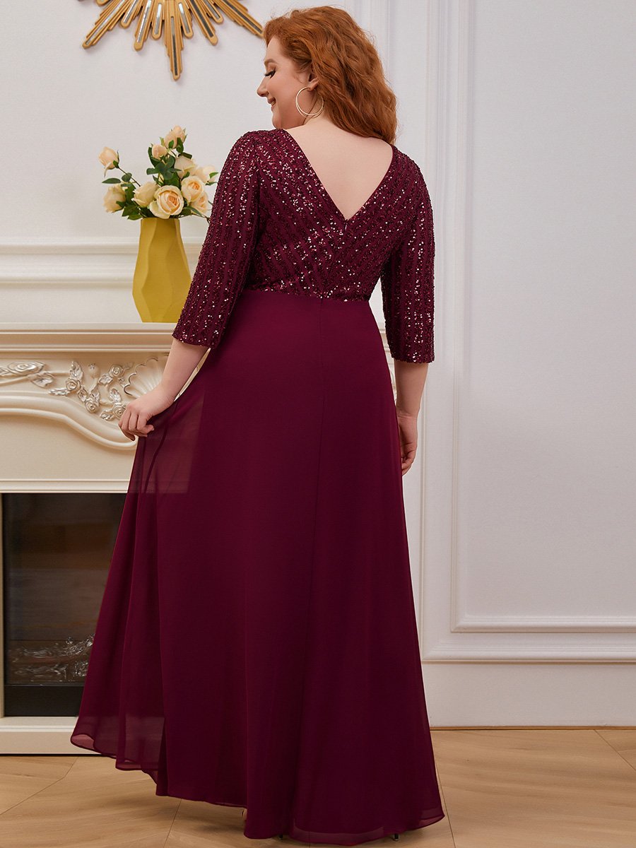 Dazzling Sequin A-Line Plus Size Evening Gown with Long Sleeves