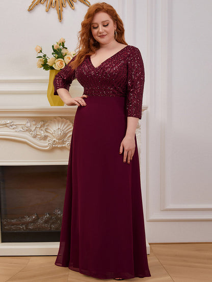 Sparkling A-Line V Neck Evening Gown with Elegant Sleeves