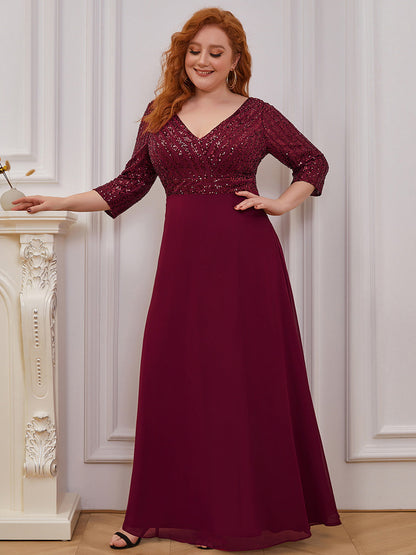 Sparkling A-Line V Neck Evening Gown with Elegant Sleeves