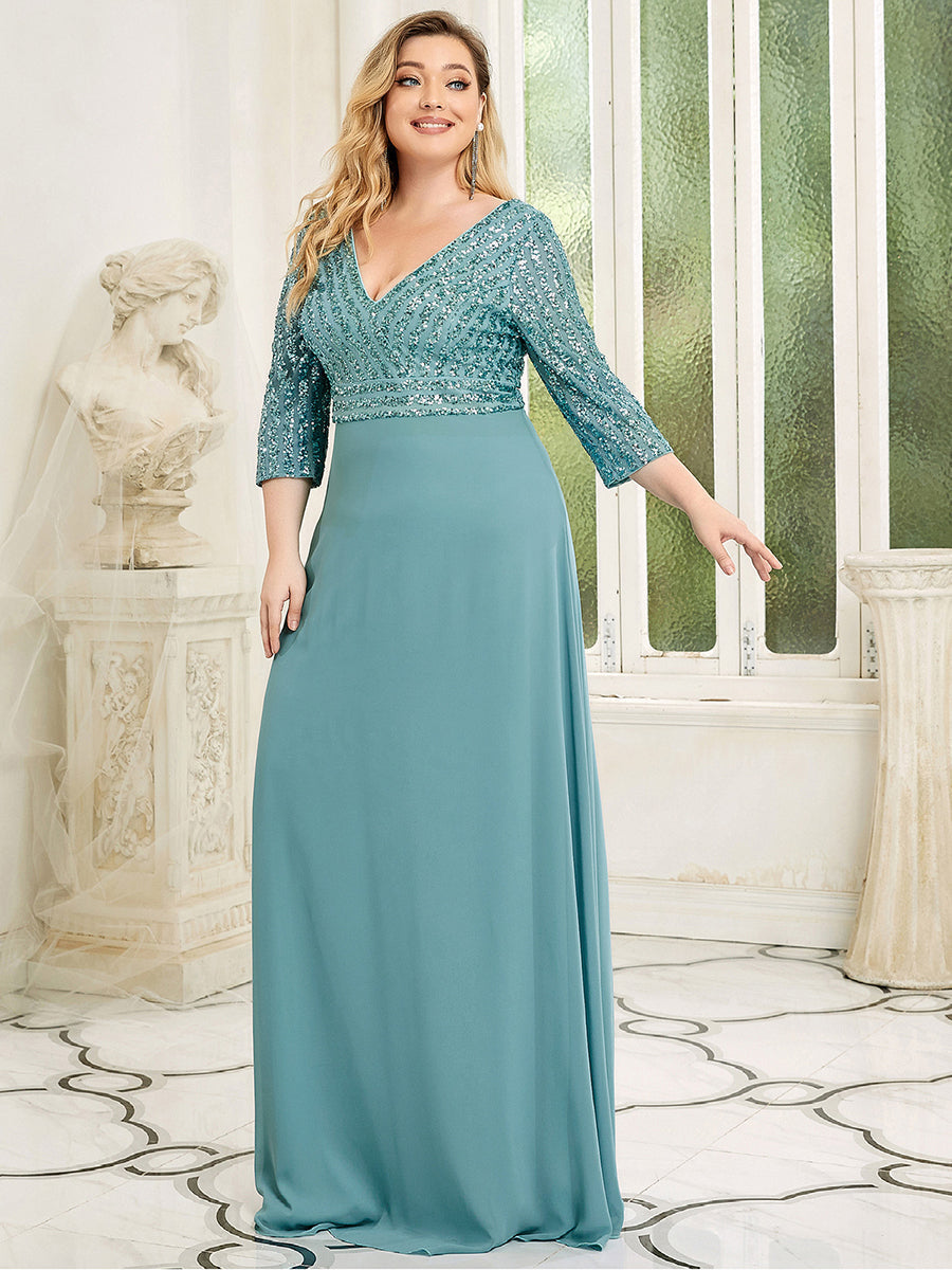 Dazzling Sequin A-Line Plus Size Evening Gown with Long Sleeves