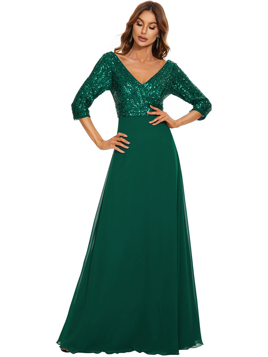 Elegant V-Neck A-Line Sequin Evening Gown with 3/4 Sleeves