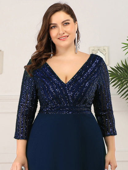 Dazzling Sequin A-Line Plus Size Evening Gown with Long Sleeves