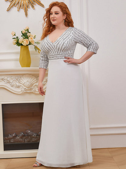 Sexy V Neck Pretty A-Line Sequin Wholesale Evening Dresses With 3/4 Sleeve