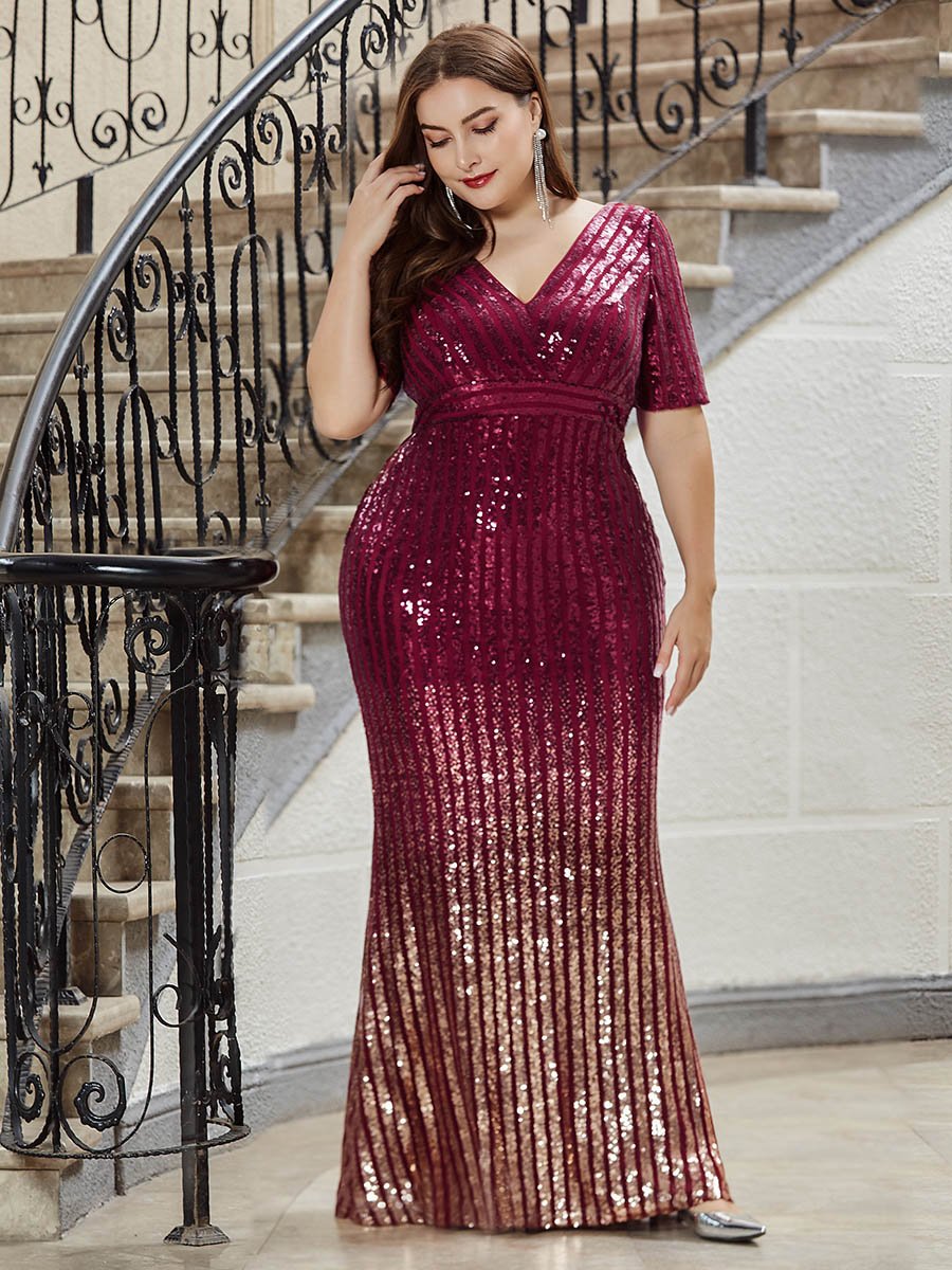 Sexy Deep V Neckline Sequin Fishtail Evening Dreeses with Half Sleeve