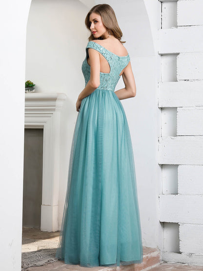 Romantic Off Shoulder Sequin Belt Bridesmaid Dress