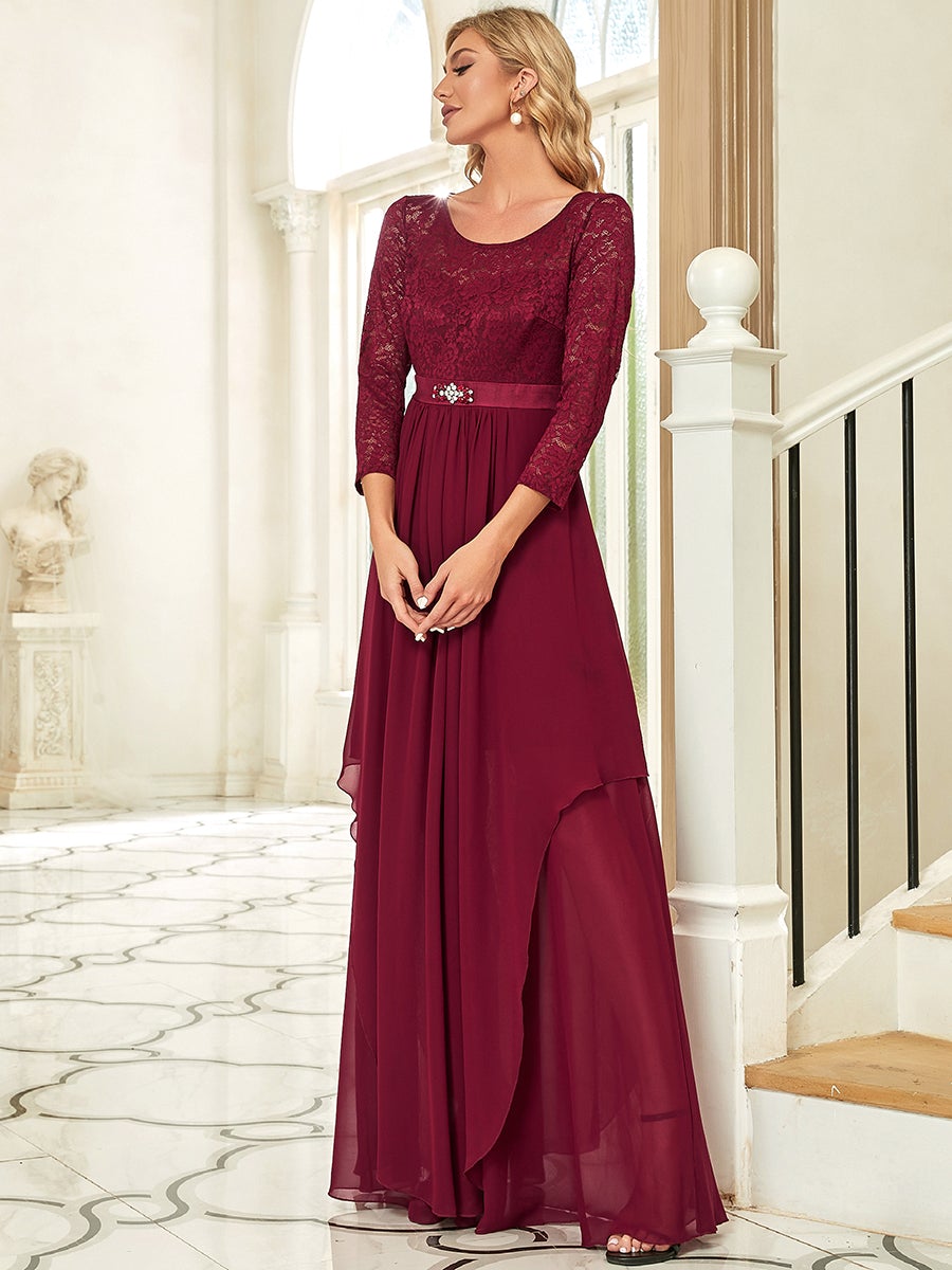 Round Neck Wholesale Chiffon Bridesmaid Dress With Long Lace Sleeves