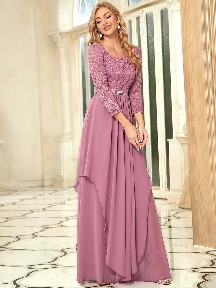 Round Neck Wholesale Chiffon Bridesmaid Dress With Long Lace Sleeves