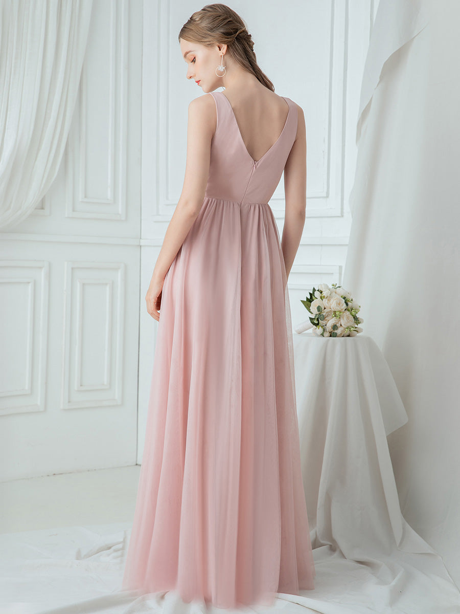 V-Neck Floor Length Appliqued Tulle Bridesmaid Dress EP00760