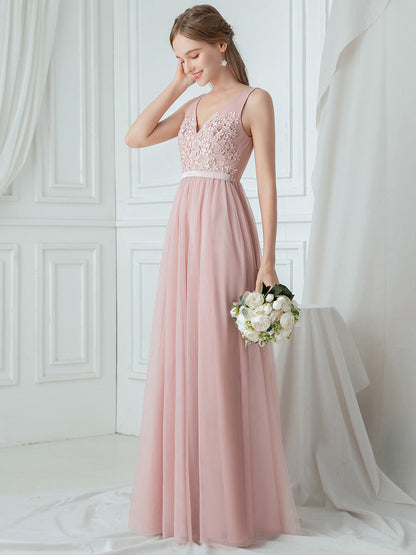 V-Neck Floor Length Appliqued Tulle Bridesmaid Dress EP00760