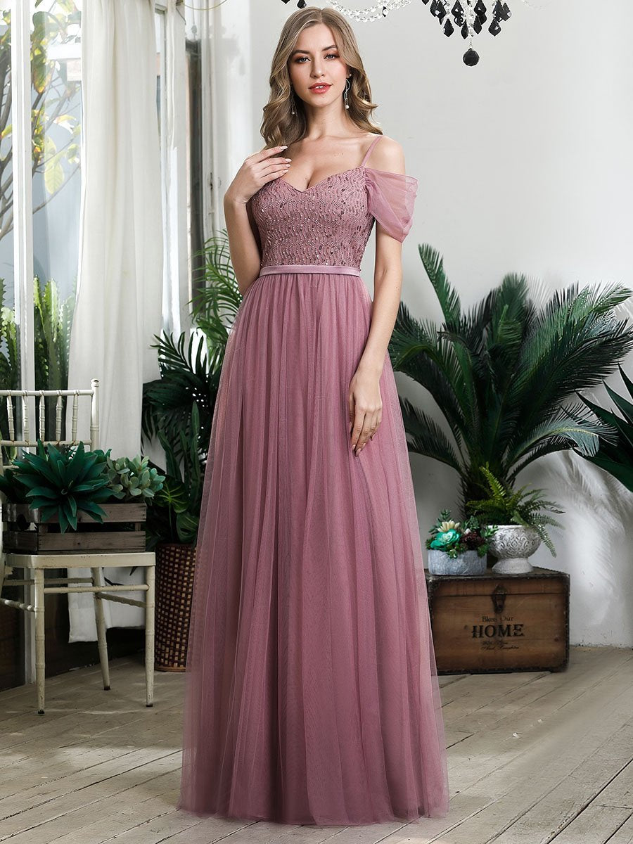 A-Line Sweetheart Neckline Ruffle Sleeve Tulle Wholesale Bridesmaid Dress