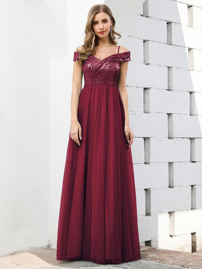 Wholesale Romantic Off Shoulder Tulle and Sequin Bridesmaid Dress