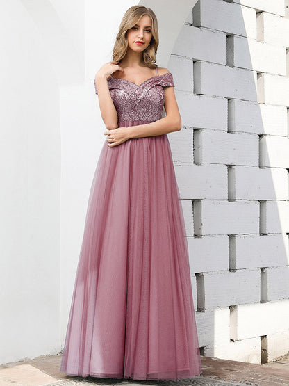 Wholesale Romantic Off Shoulder Tulle and Sequin Bridesmaid Dress
