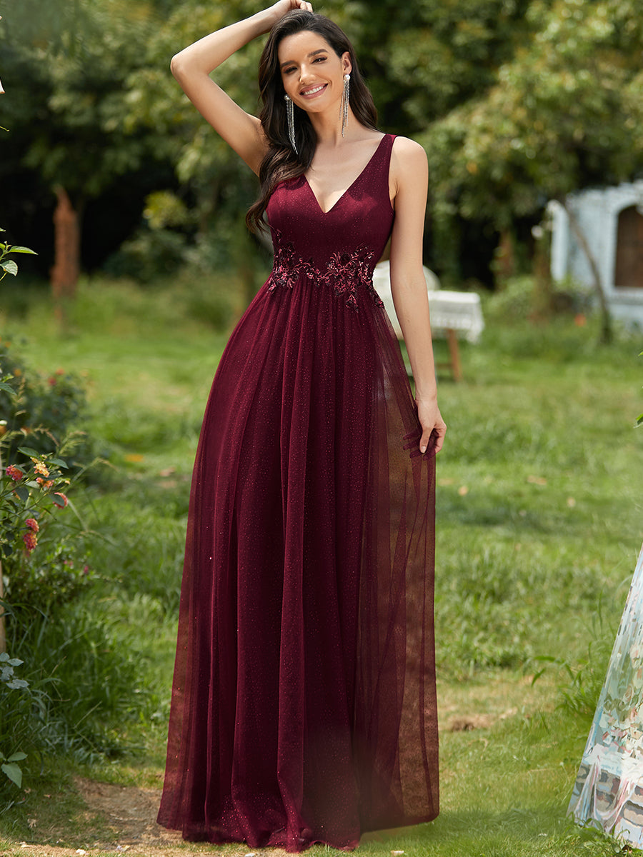 Elegant Deep Double V Neck Tulle Evening Dress with Appliques