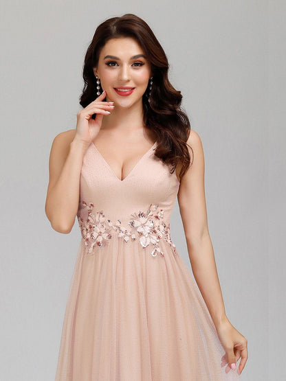 Elegant Deep Double V Neck Tulle Evening Dress with Appliques