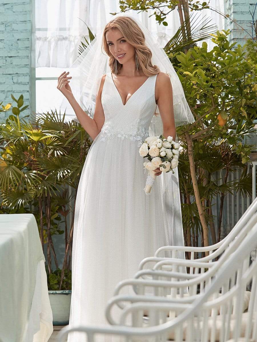 Simple Deep V Neck Wholesale Wedding Dresses With Lace Top