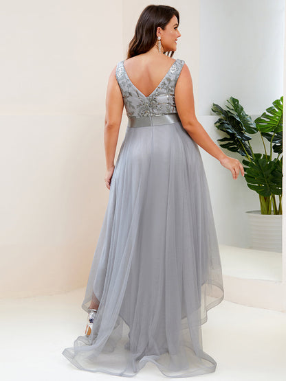 Plus High-Low V Neck Tulle Wholesale Prom Dresses with Sequin Appliques