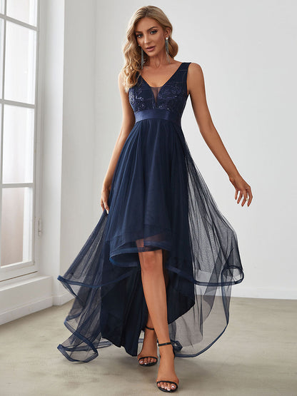 High-Low V Neck Tulle Wholesale Prom Dresses with Sequin Appliques