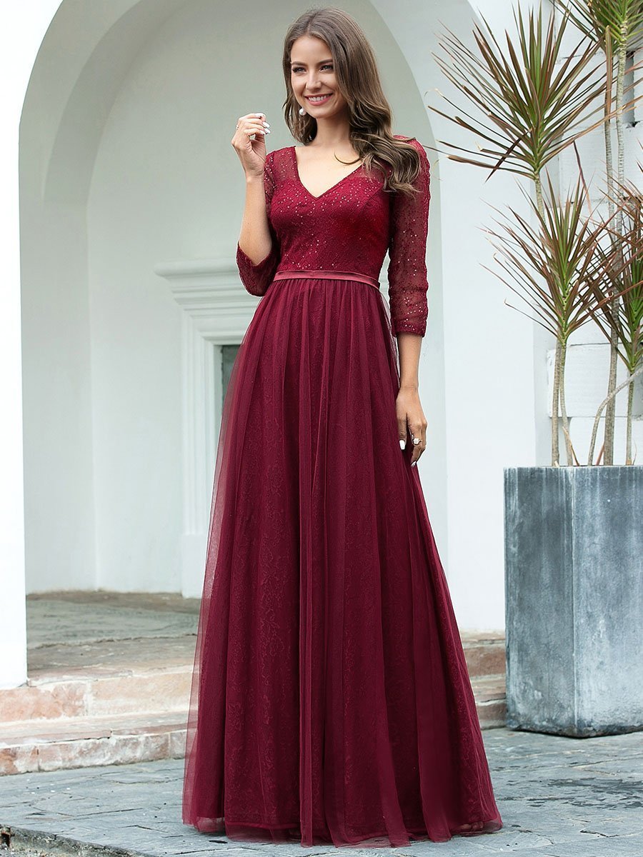 Women's V-Neck Lace Wholesale Wedding Guest Dresses With 3/4 Sleeve