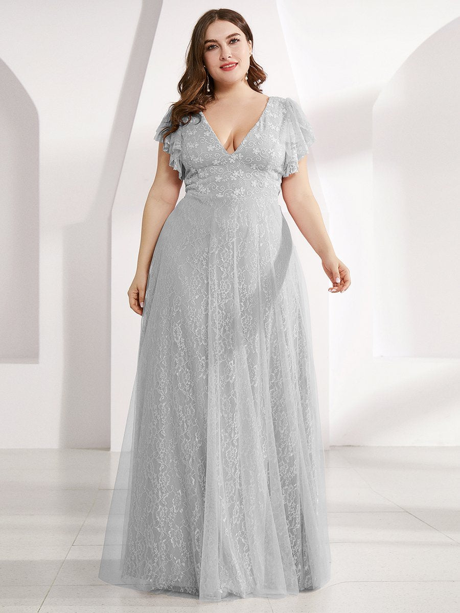 Plus Size Double V Neck Lace Evening Dresses with Ruffle Sleeves