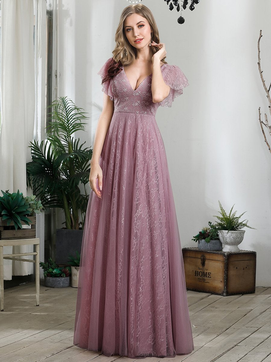Double V-Neck Floor Length Wholesale Dresses with Short Sleeve